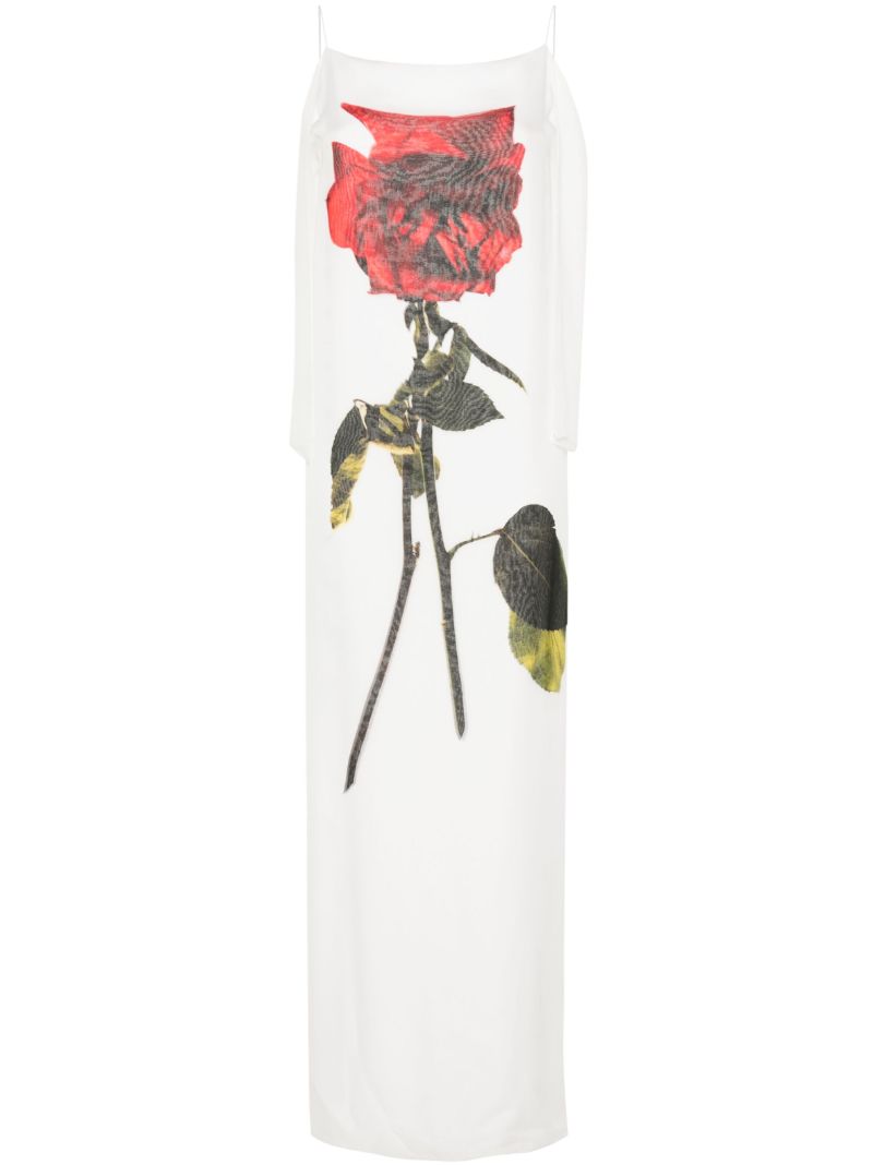 White Chiffon Shadow Rose Silk Dress