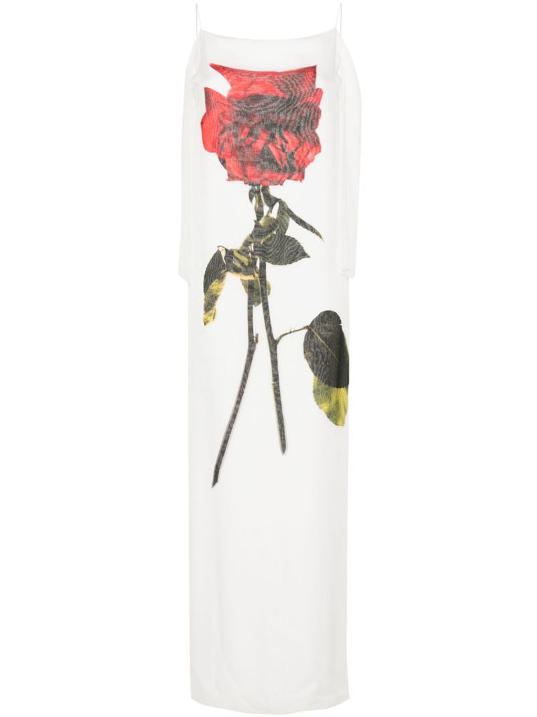 White Chiffon Shadow Rose Silk Dress