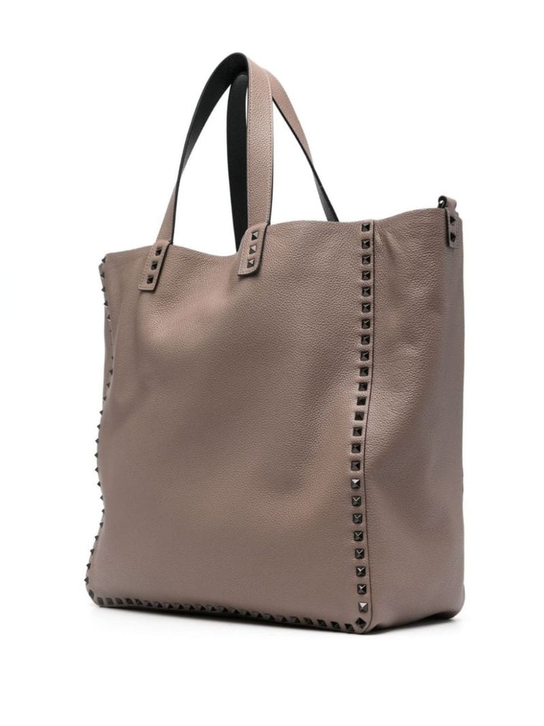 Brown Rockstud Leather Tote Bag