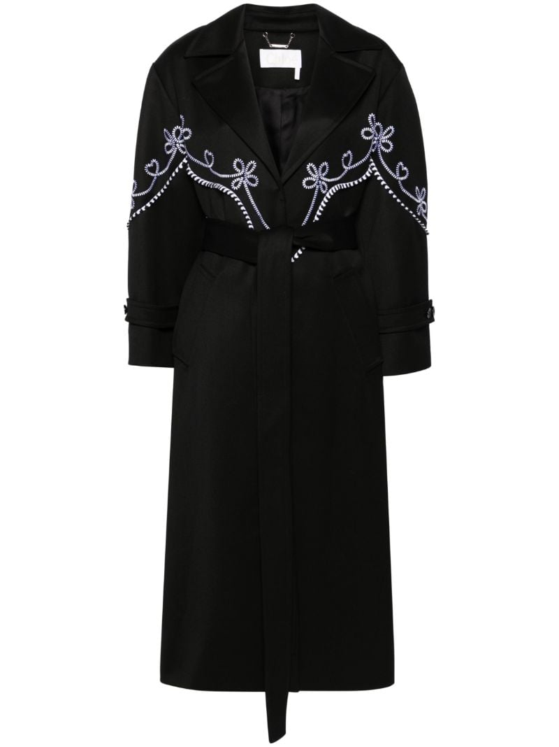 Black Floral-embroidered Wool Coat