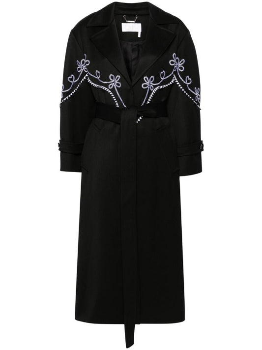 Black Floral-embroidered Wool Coat