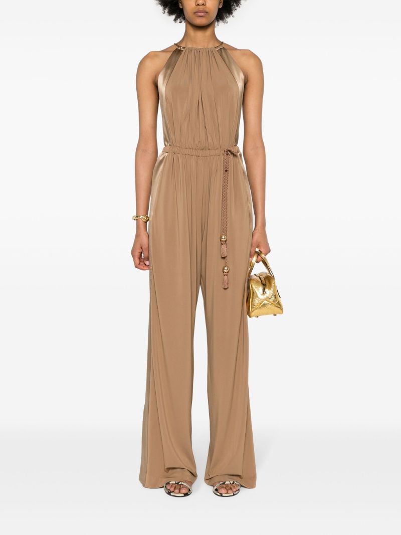 Camel Brown Drawstring Waistband Silk Jumpsuit