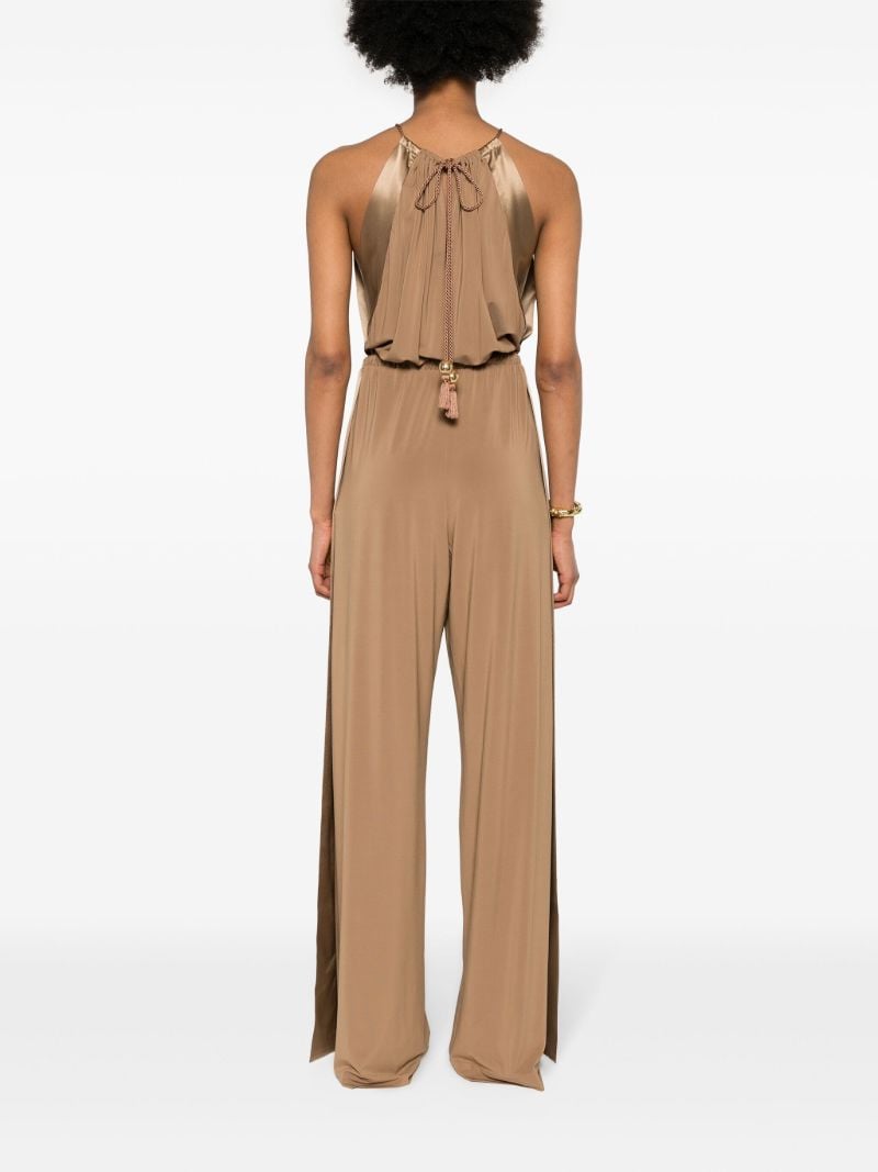 Camel Brown Drawstring Waistband Silk Jumpsuit
