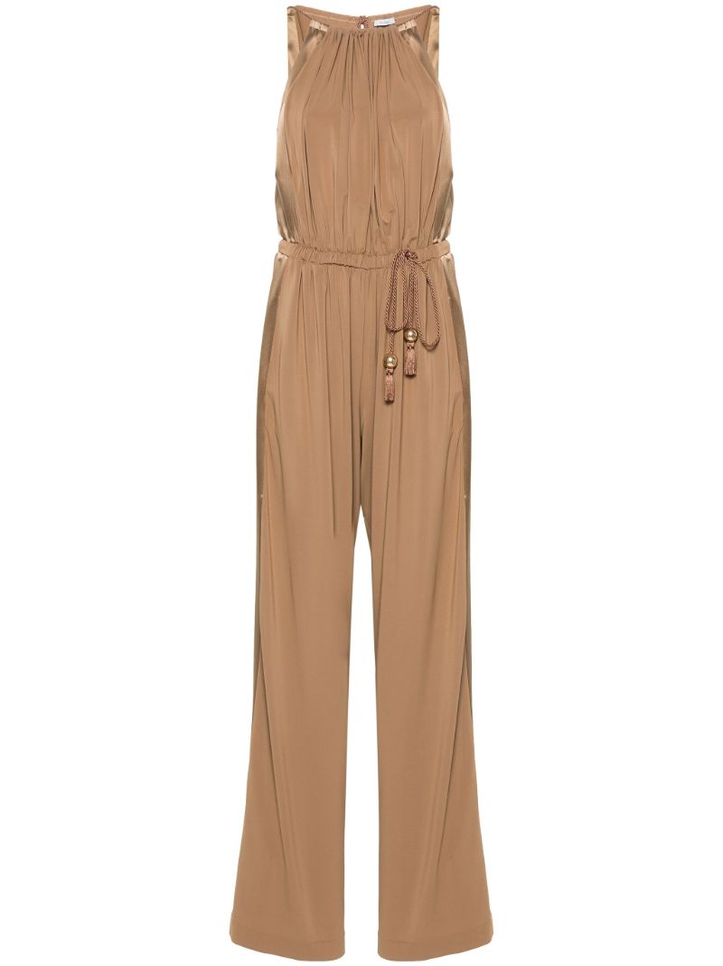 Camel Brown Drawstring Waistband Silk Jumpsuit