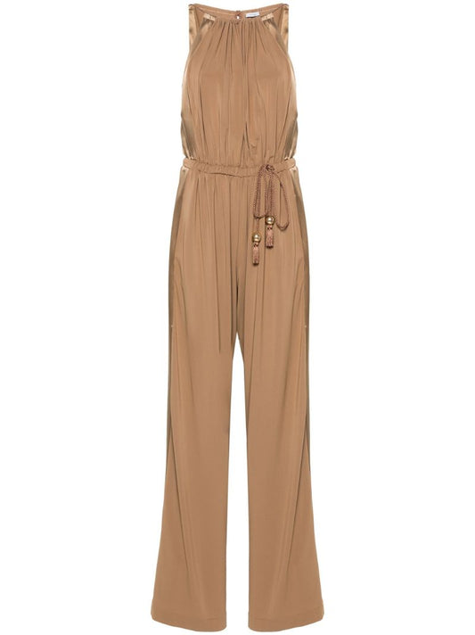 Camel Brown Drawstring Waistband Silk Jumpsuit