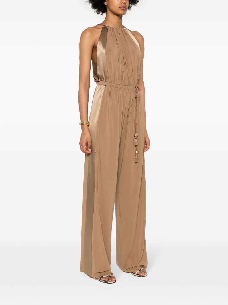 Camel Brown Drawstring Waistband Silk Jumpsuit