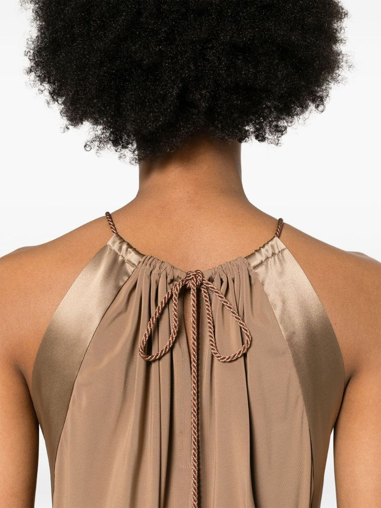 Camel Brown Drawstring Waistband Silk Jumpsuit