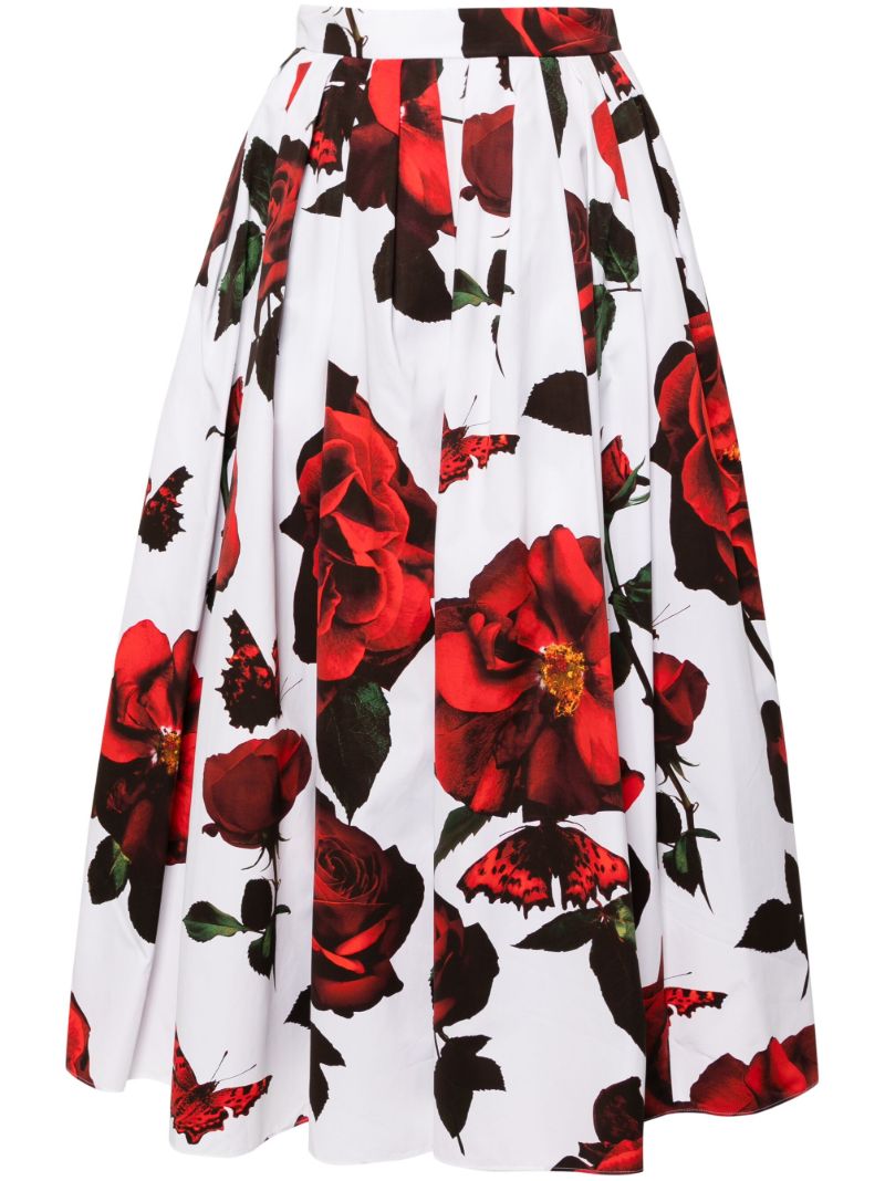 White Tudor Rose-print Midi Skirt