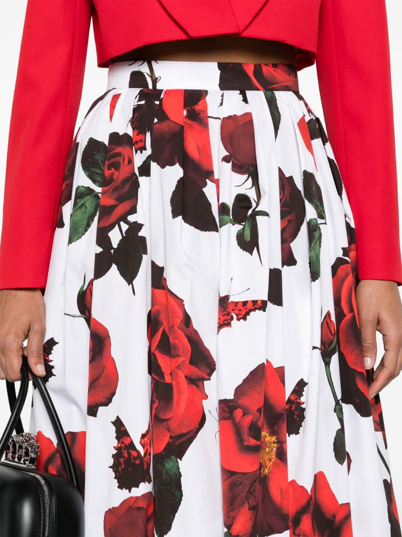 White Tudor Rose-print Midi Skirt