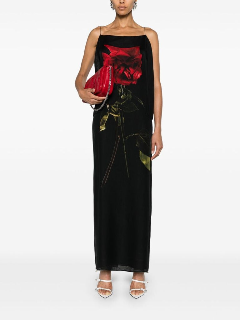 Black Shadow Rose-print Silk Dress