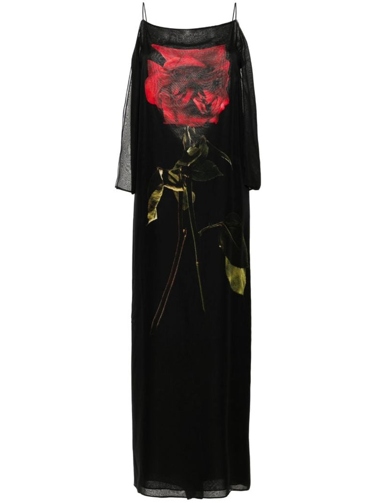 Black Shadow Rose-print Silk Dress