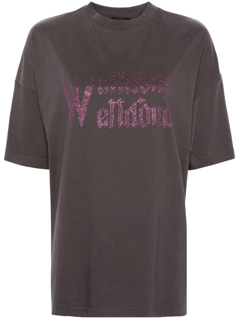 Grey Rhinestone Logo Cotton T-shirt