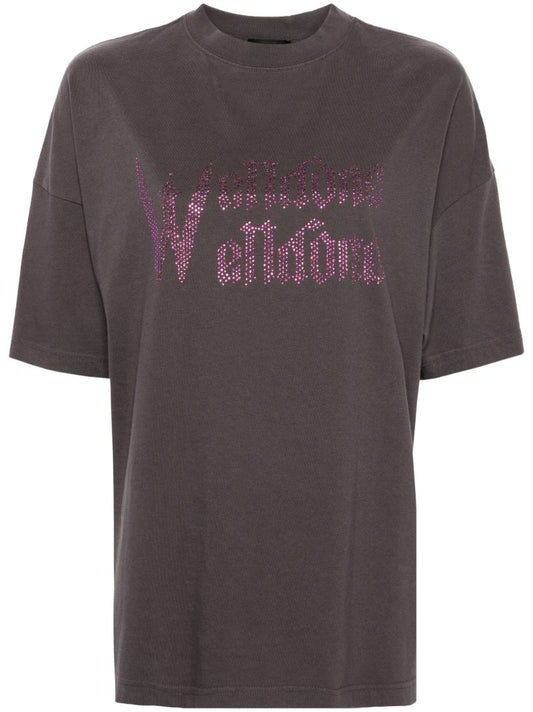 Grey Rhinestone Logo Cotton T-shirt