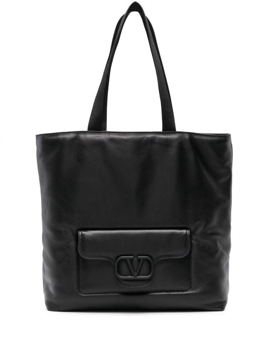 Black Vlogo Signature Leather Tote Bag