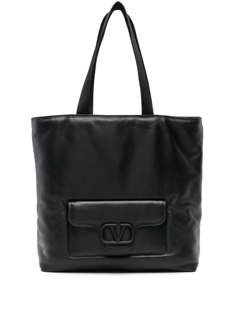 Black Vlogo Signature Leather Tote Bag