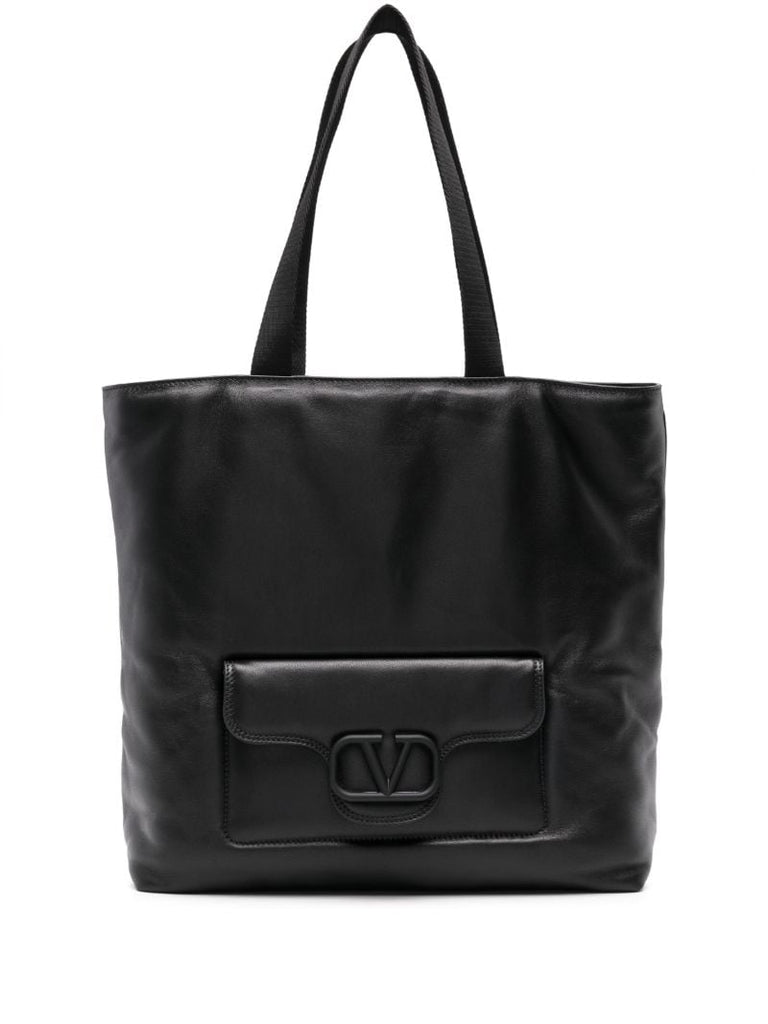 Black Vlogo Signature Leather Tote Bag