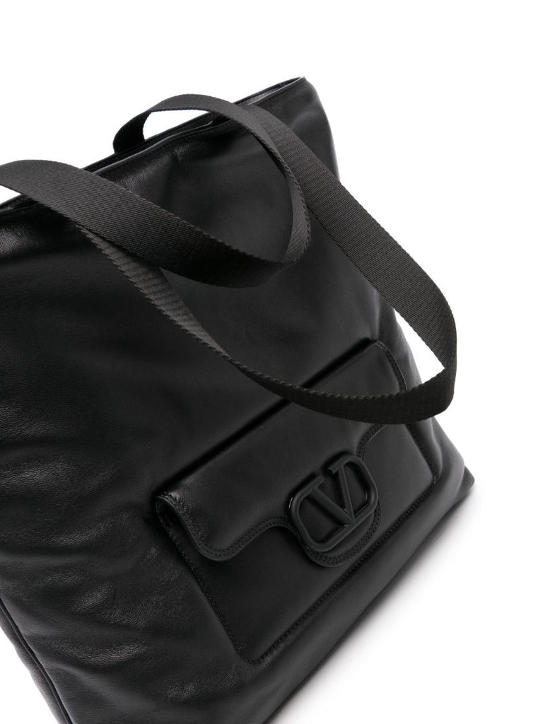 Black Vlogo Signature Leather Tote Bag