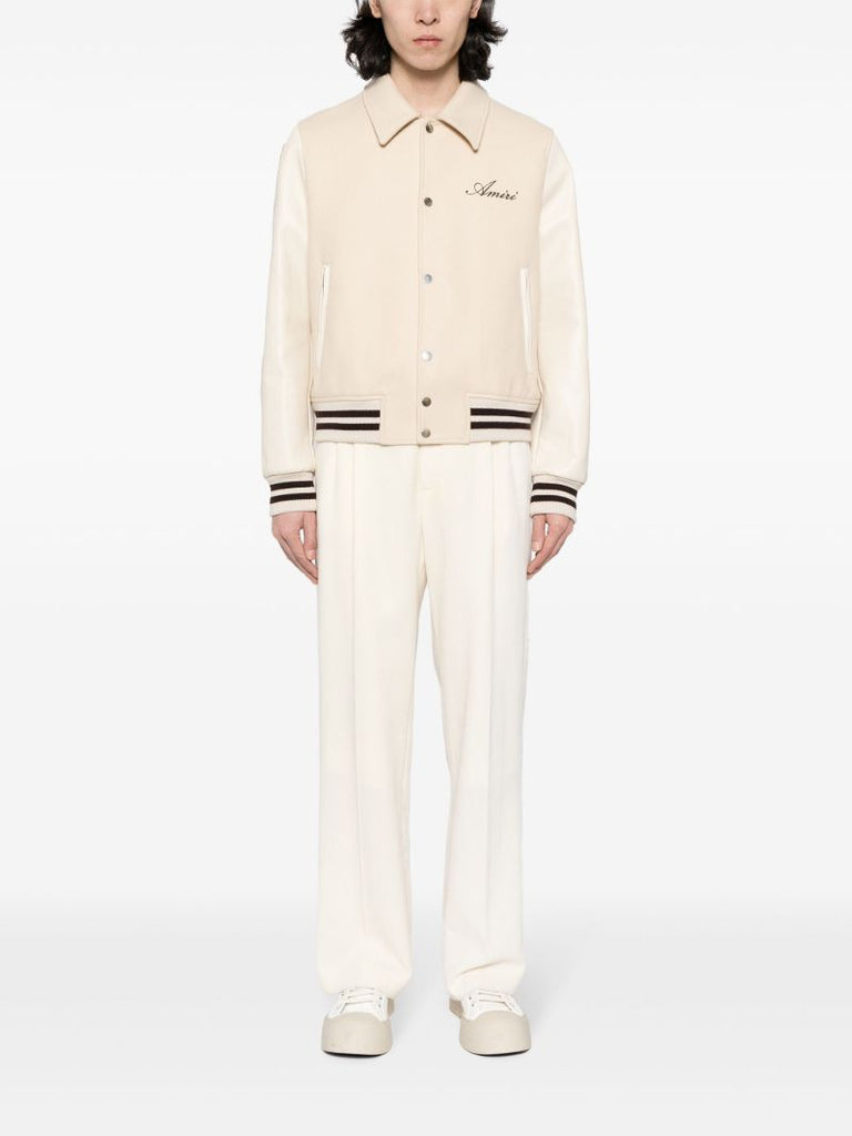Beige Bones AppliquÃ_x0083_Â©-detail Varsity Jacket