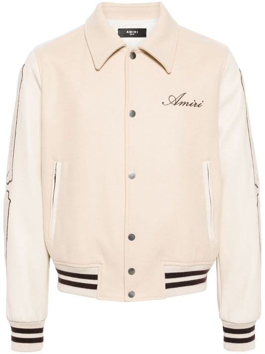Beige Bones AppliquÃ_x0083_Â©-detail Varsity Jacket