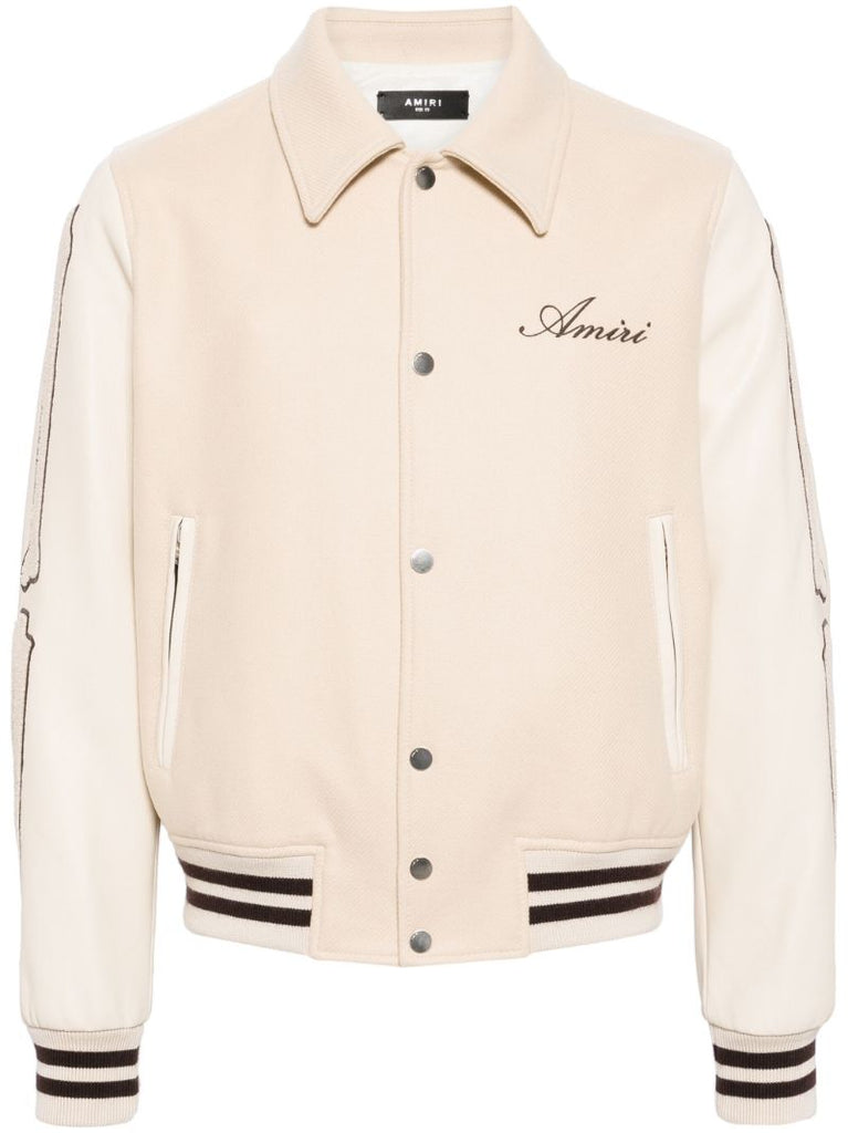 Beige Bones AppliquÃ_x0083_Â©-detail Varsity Jacket