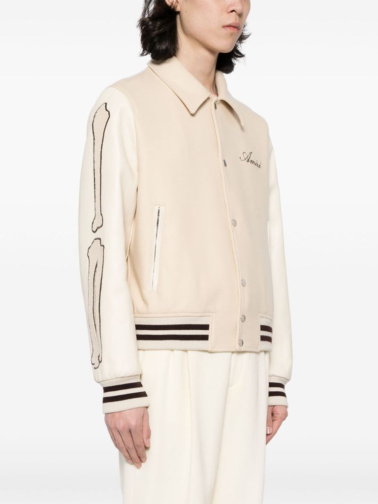Beige Bones AppliquÃ_x0083_Â©-detail Varsity Jacket