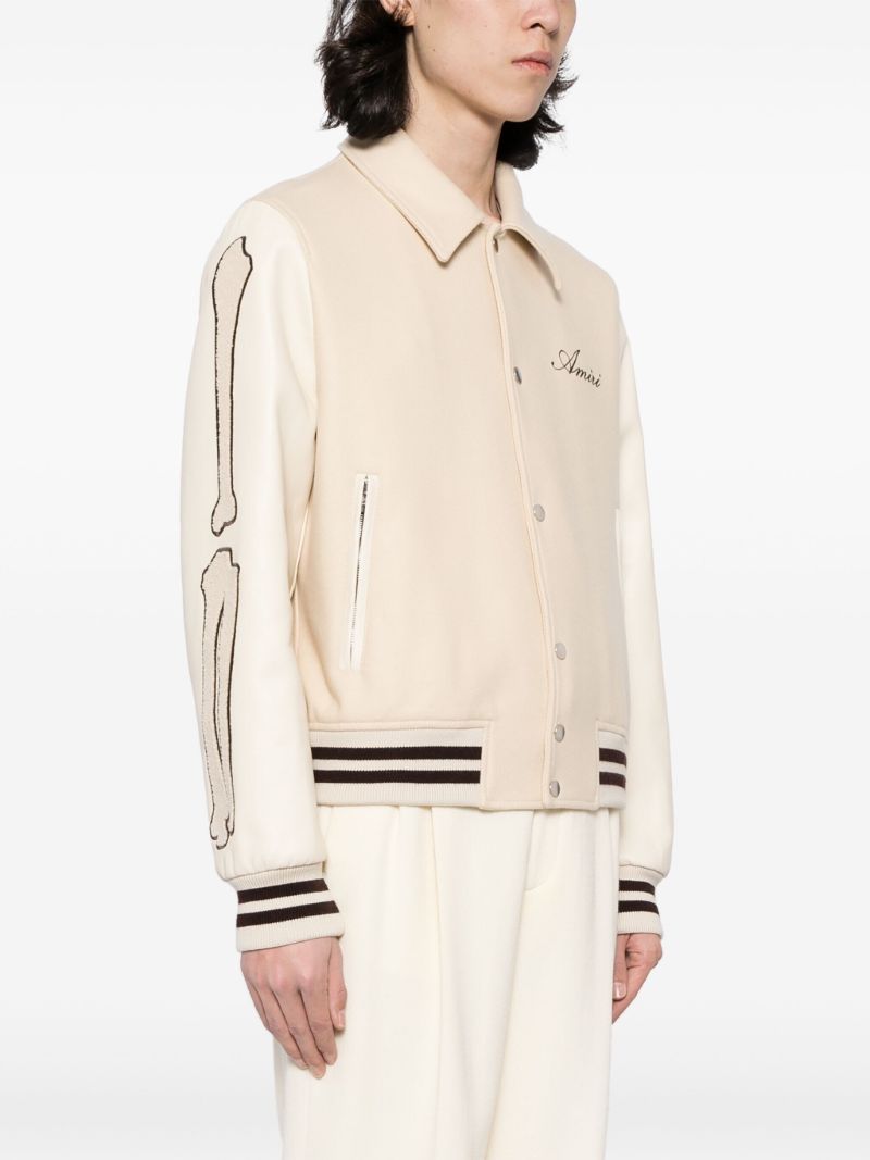 Beige Bones AppliquÃ_x0083_Â©-detail Varsity Jacket