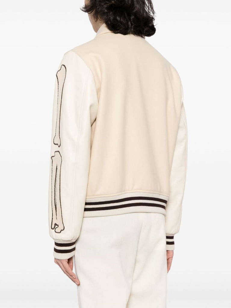 Beige Bones AppliquÃ_x0083_Â©-detail Varsity Jacket