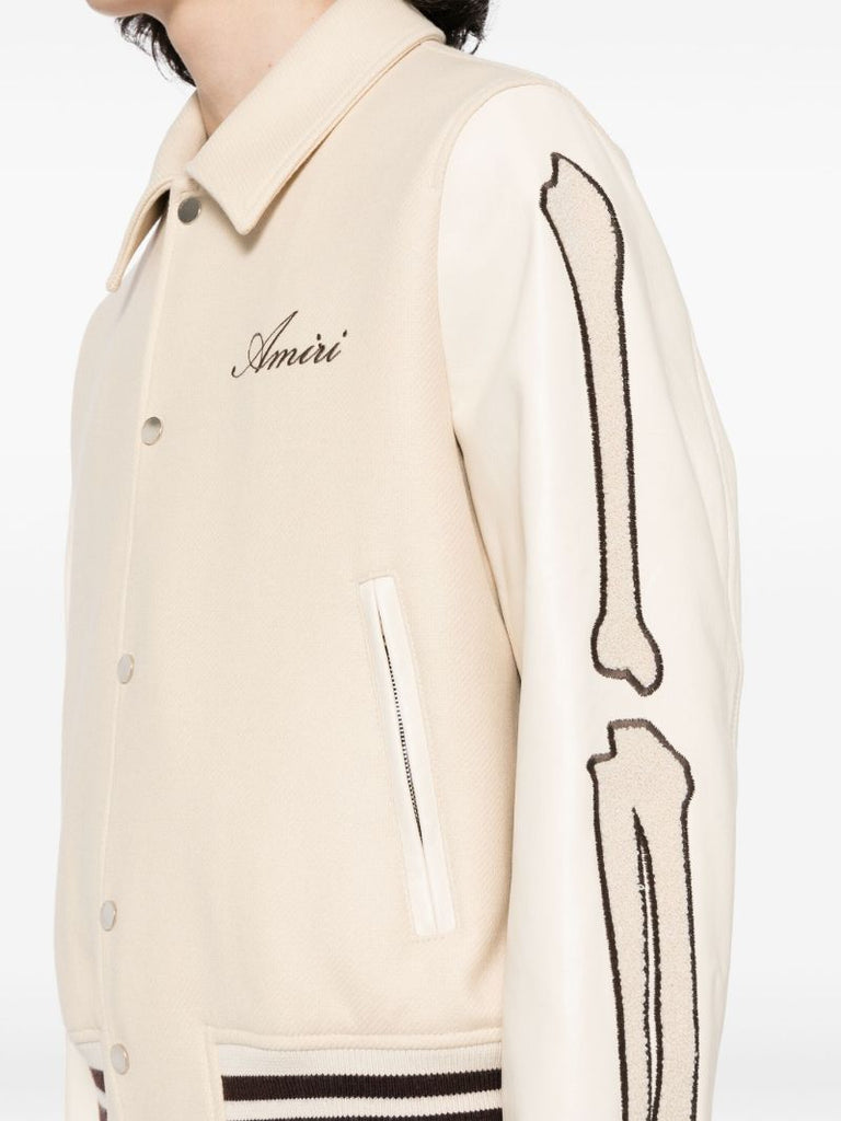 Beige Bones AppliquÃ_x0083_Â©-detail Varsity Jacket