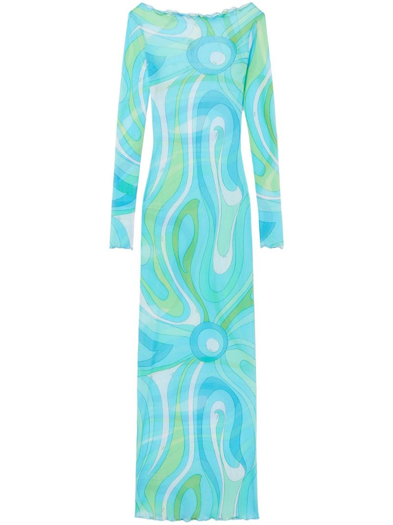 Blue Marmo-print Mesh Maxi Dress