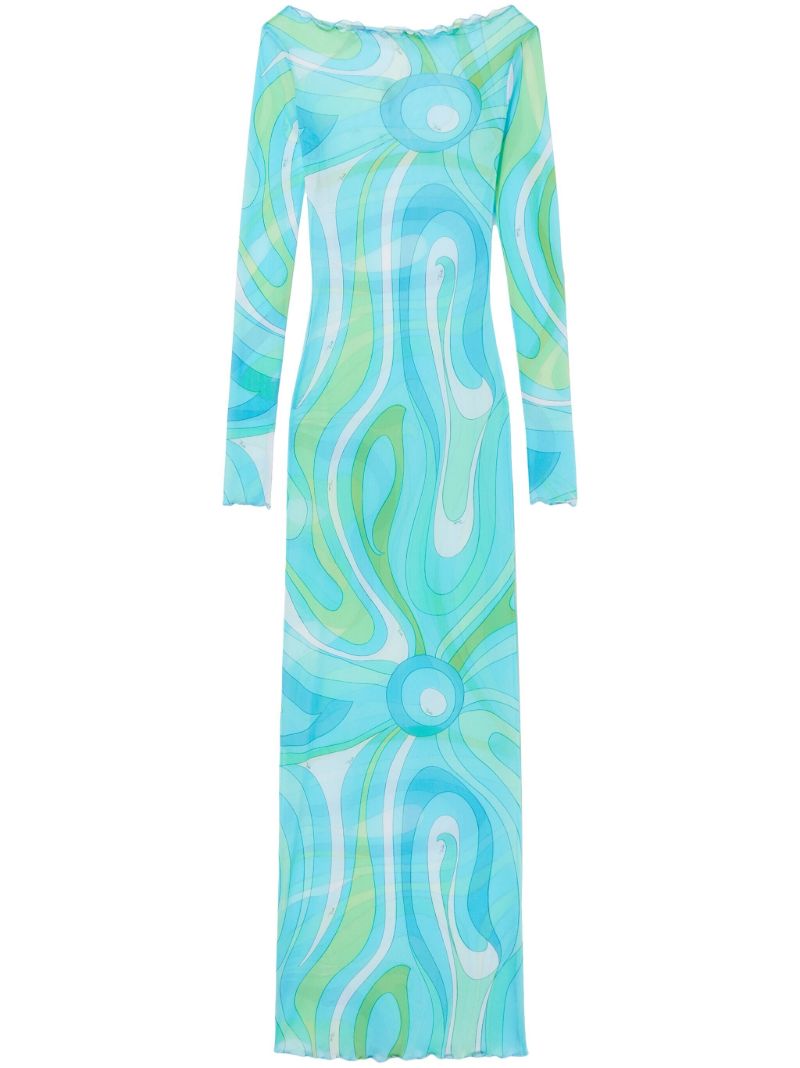 Blue Marmo-print Mesh Maxi Dress