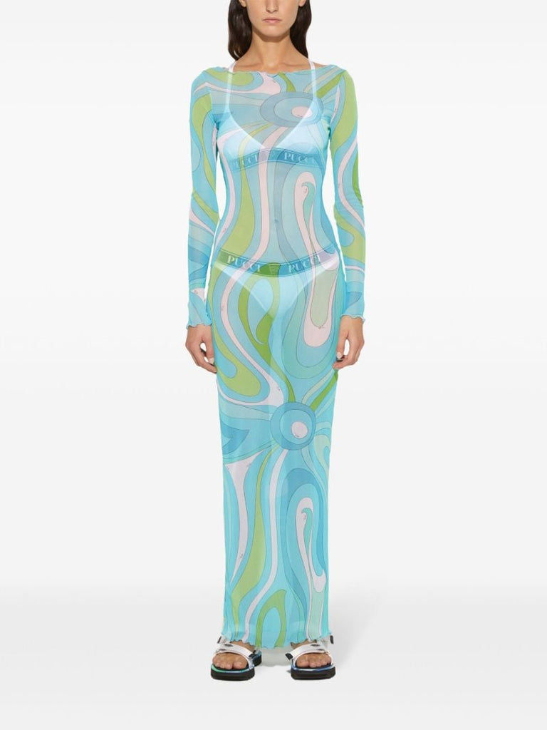 Blue Marmo-print Mesh Maxi Dress