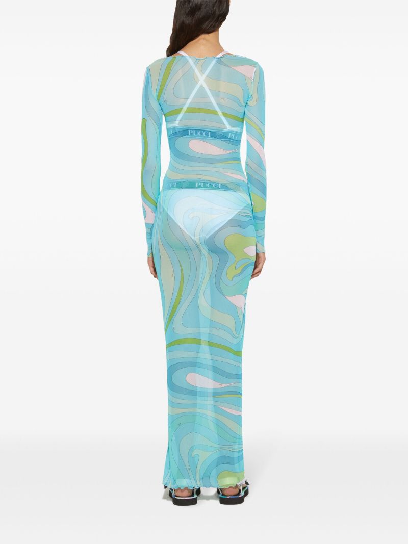 Blue Marmo-print Mesh Maxi Dress