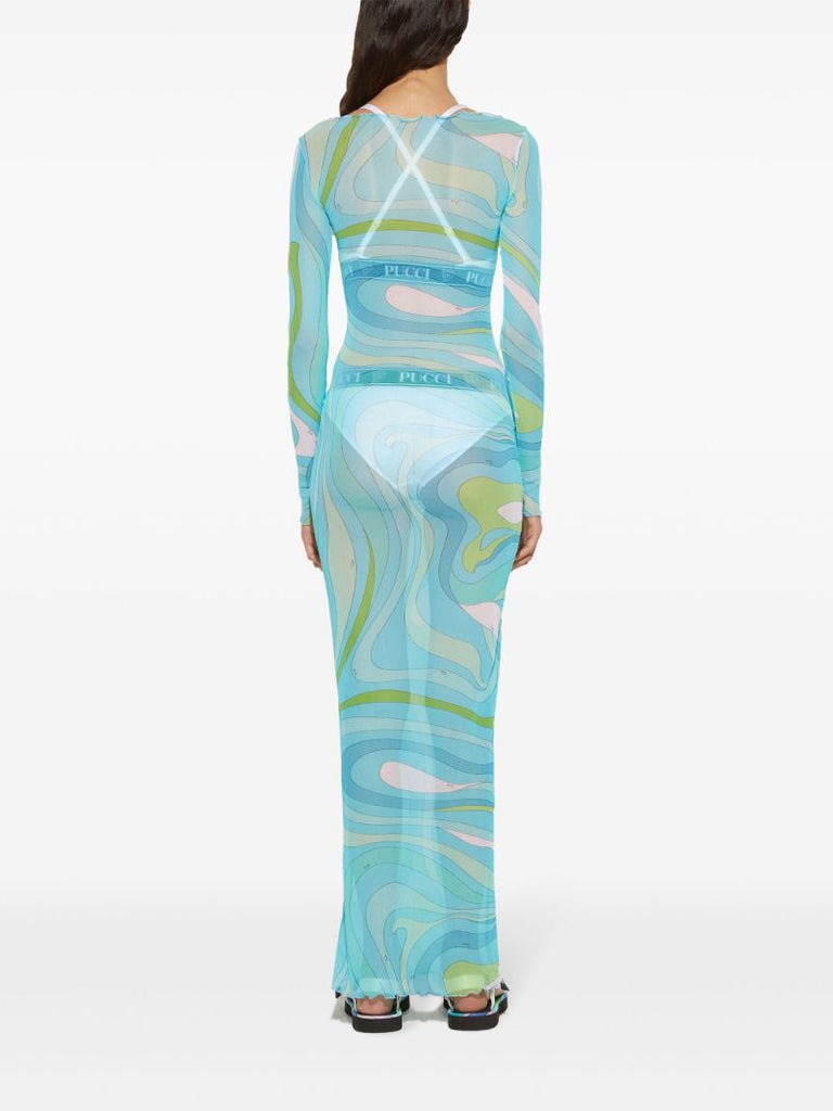 Blue Marmo-print Mesh Maxi Dress