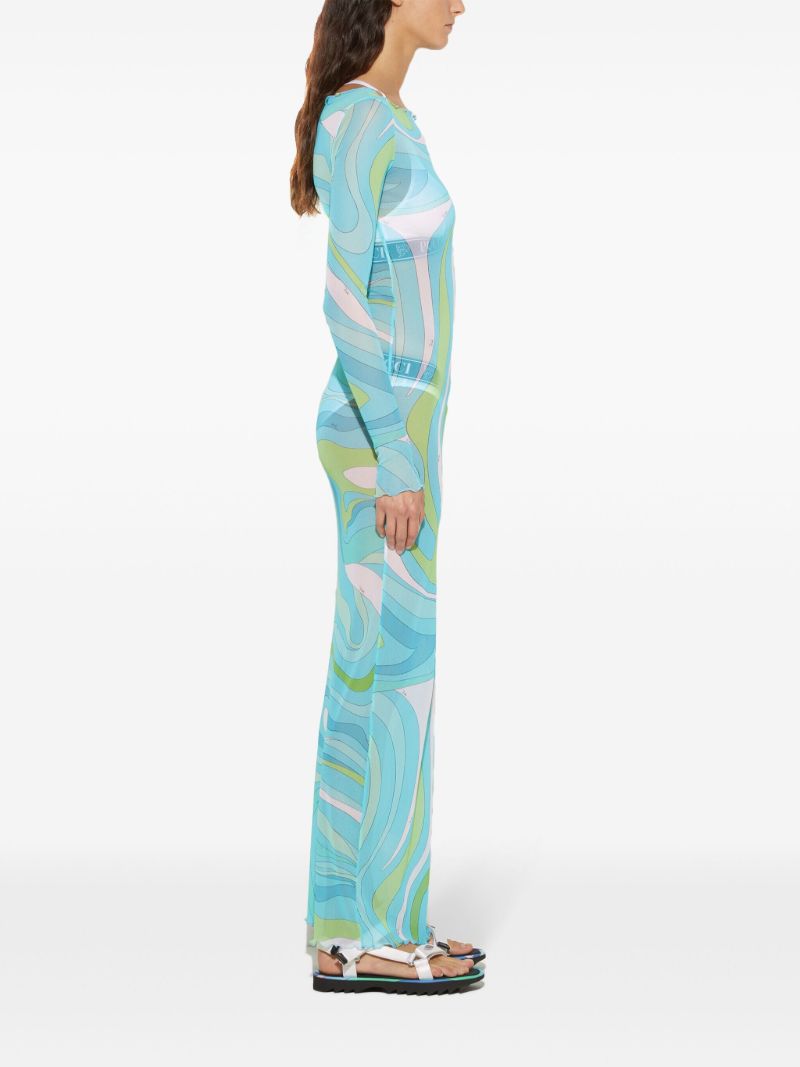 Blue Marmo-print Mesh Maxi Dress