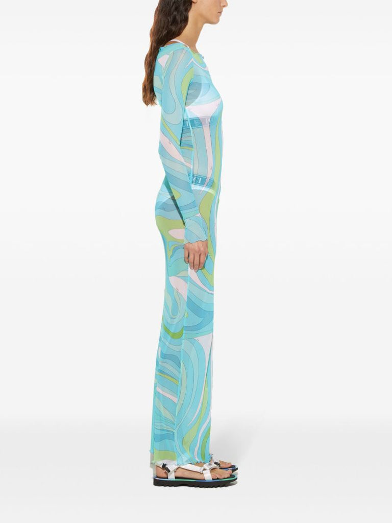 Blue Marmo-print Mesh Maxi Dress