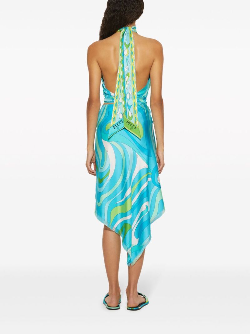 Blue Marmo Print Silk Halterneck Top