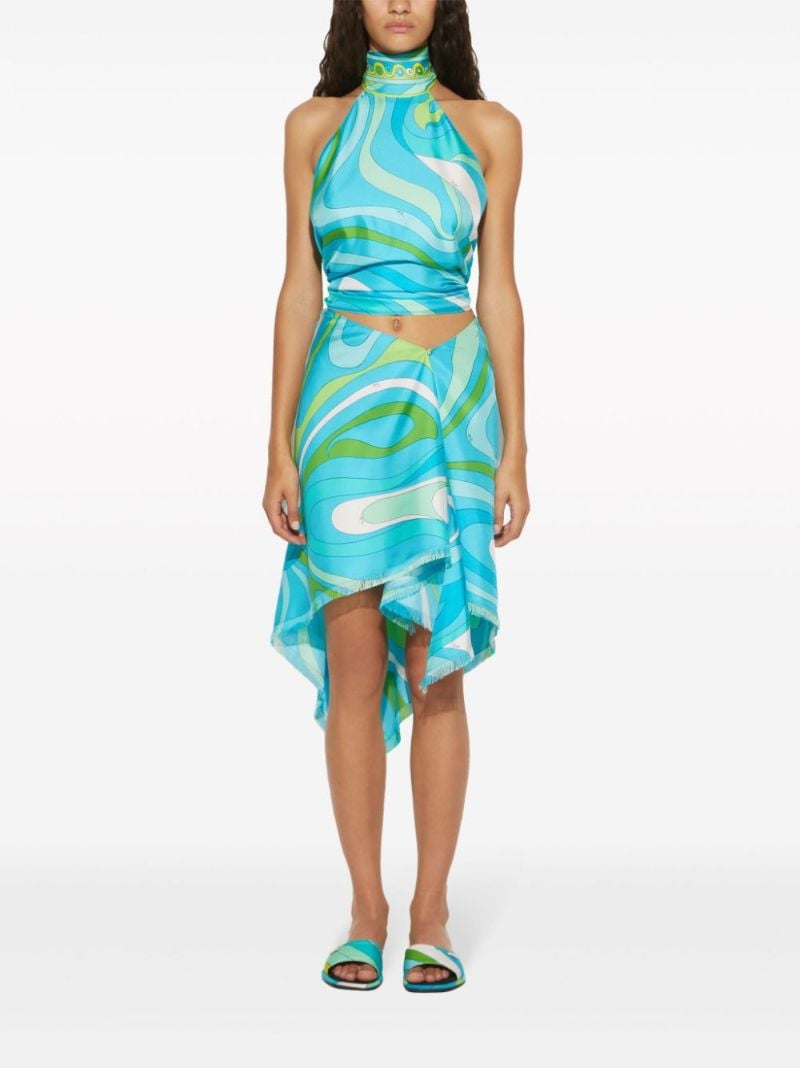 Blue Marmo Print Silk Halterneck Top