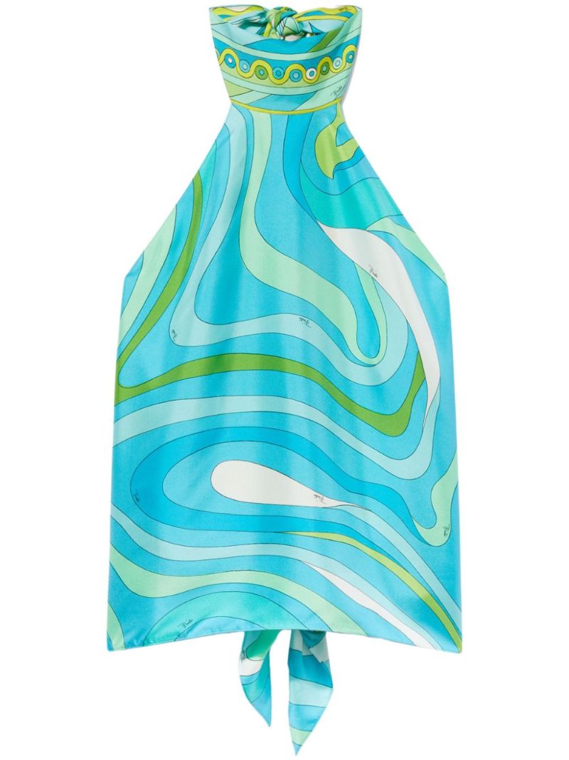Blue Marmo Print Silk Halterneck Top