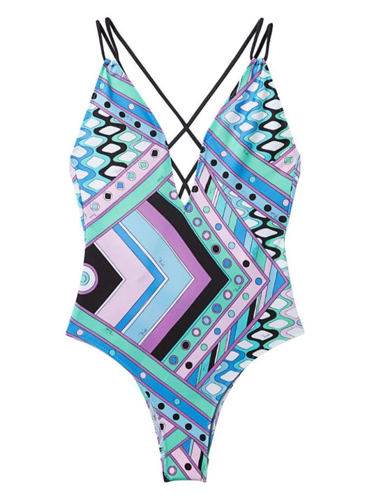 Blue Vivara Print Plunge Swimsuit