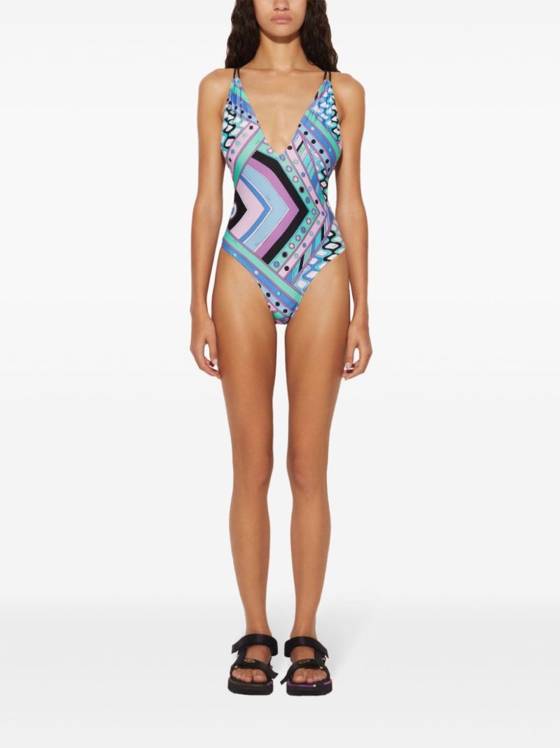Blue Vivara Print Plunge Swimsuit