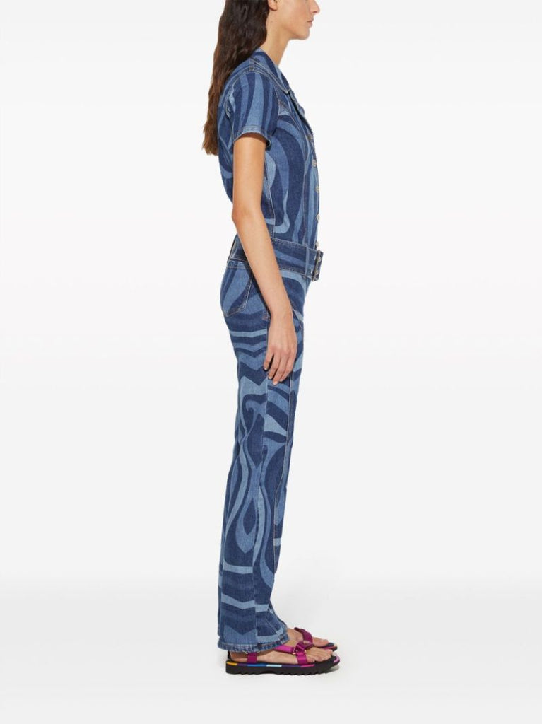 Blue Marmo-print Denim Jumpsuit