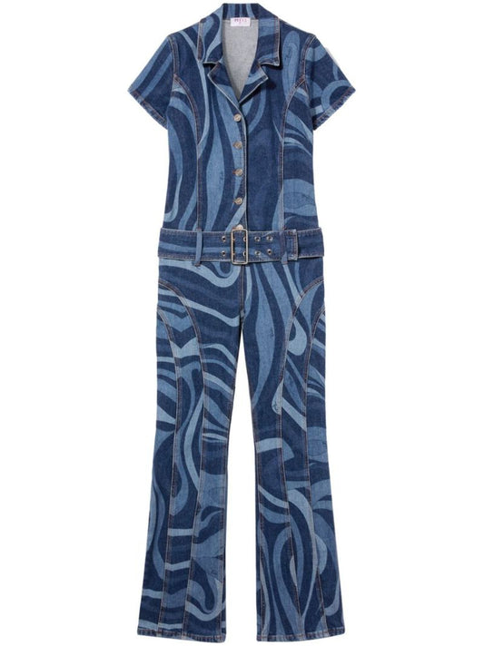 Blue Marmo-print Denim Jumpsuit