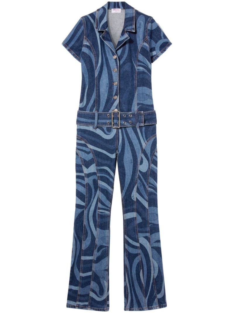 Blue Marmo-print Denim Jumpsuit