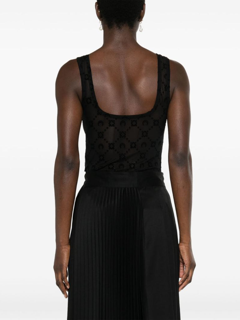 Black Moonogram-flocked Mesh Bodysuit