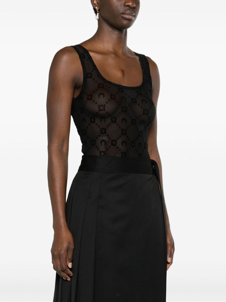 Black Moonogram-flocked Mesh Bodysuit