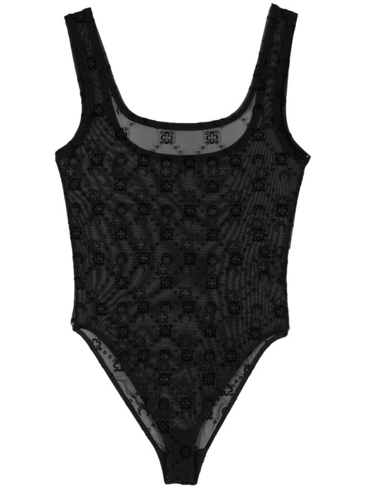 Black Moonogram-flocked Mesh Bodysuit