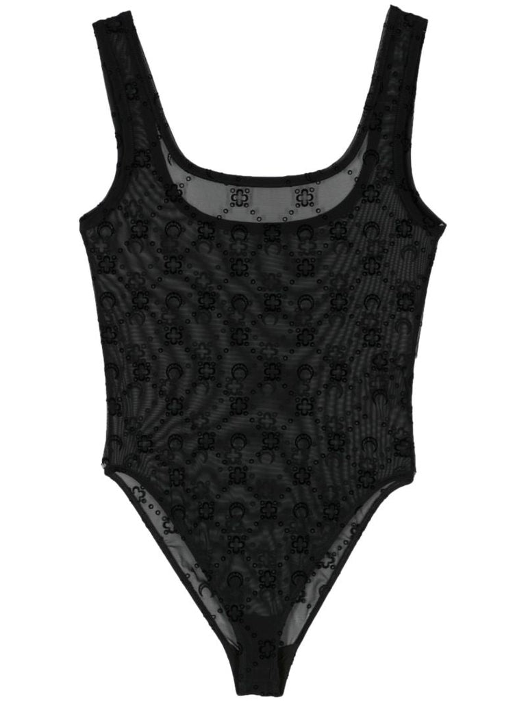 Black Moonogram-flocked Mesh Bodysuit