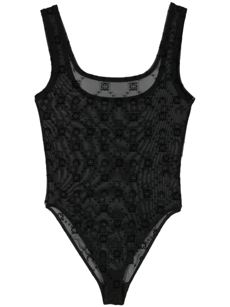 Black Moonogram-flocked Mesh Bodysuit