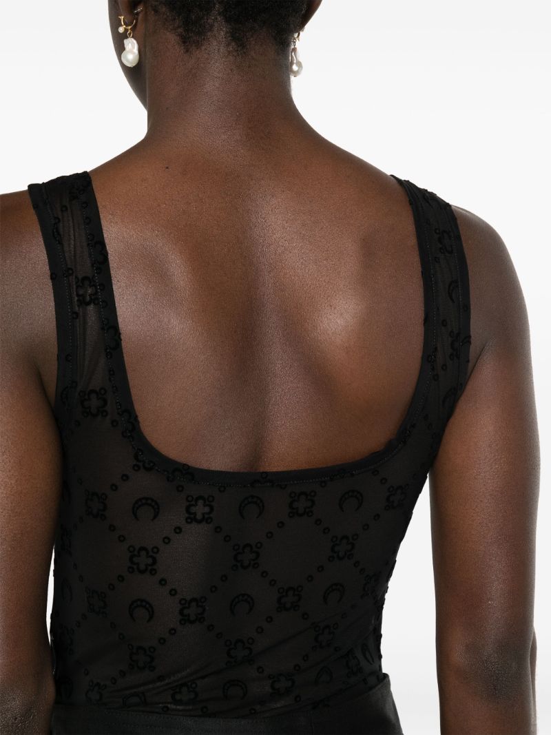 Black Moonogram-flocked Mesh Bodysuit