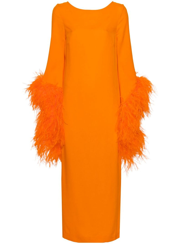 Orange Feather-trim Midi Dress